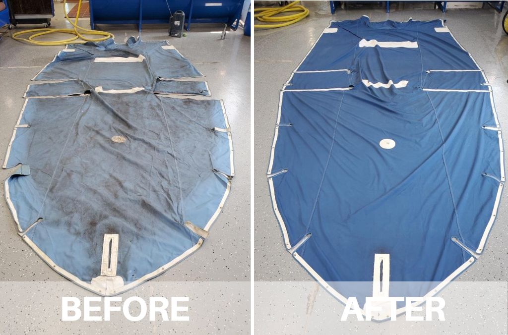 Side by side comparison of a boat cover that has mold and mildew on it, the other picture shows it cleaned and looking new. removed all mold and mildew from boat cover.