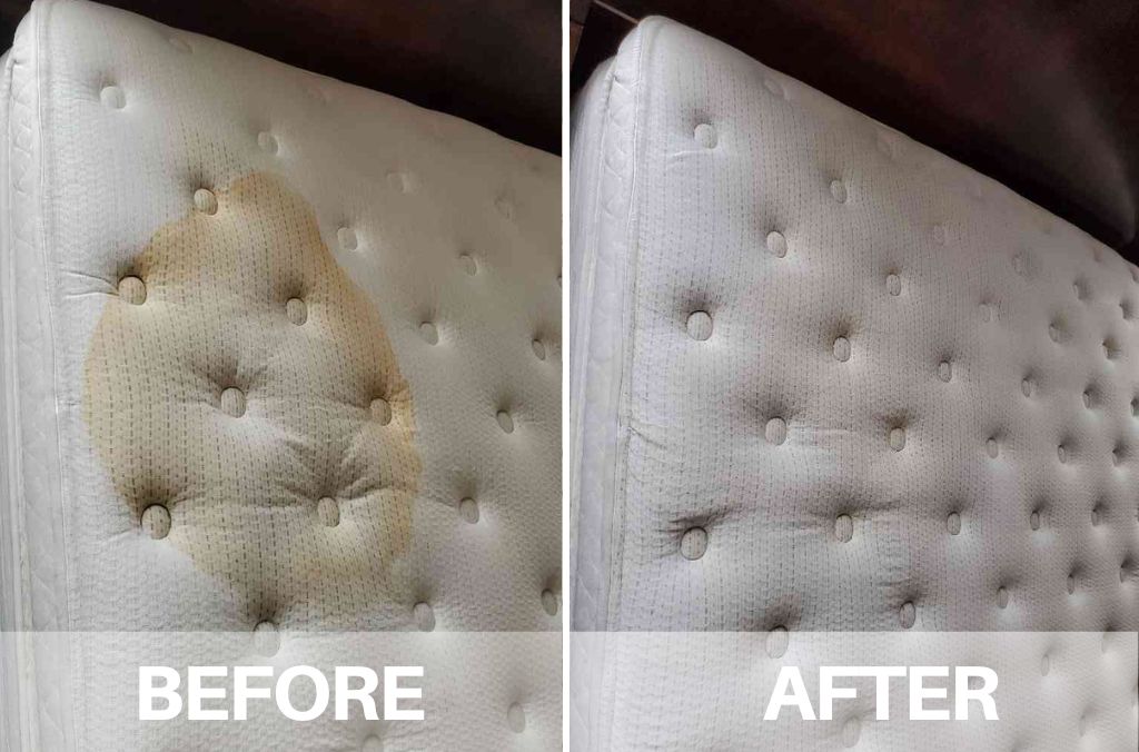 Side by side pictures of a mattress that had urine pee stains all over it, the other side shows it all clean and free of imperfections.