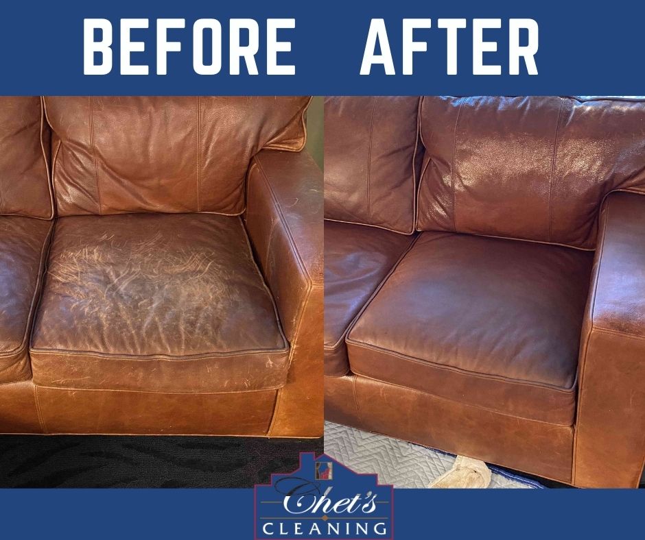 before and after photo of leather sofa showing the before as cracked and worn, after picture is nicely conditioned and refurbished leather sofa.