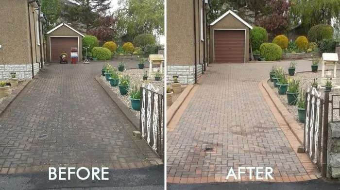 Before and after of cleaning stone driveway. First picture shows the driveway all dark and dirty, and the right picture shows a nice clean lightened driveway.